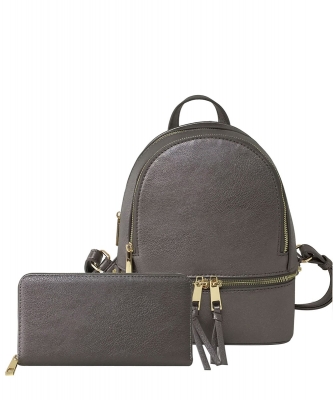 Fashion Zipper Classic Backpack & Wallet Set LP1082W PEWTER